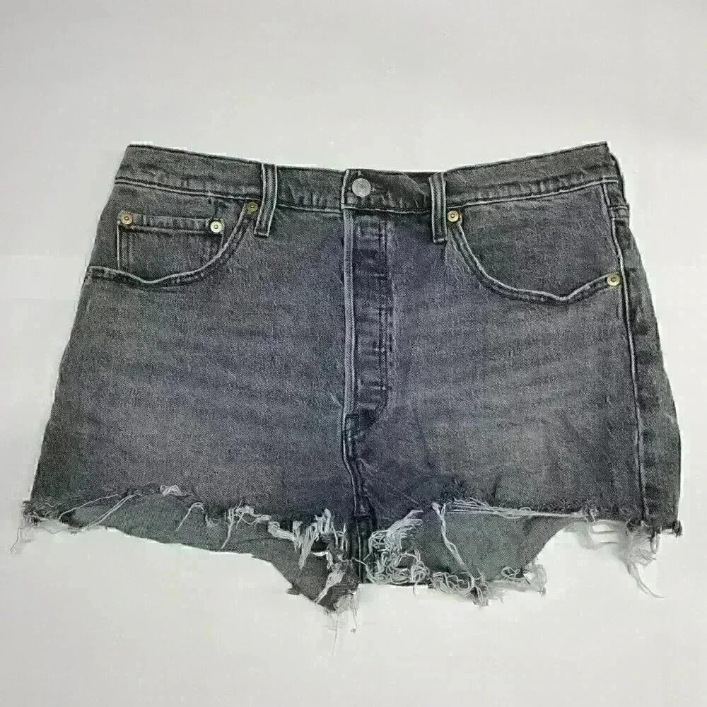 Levi's 501 Cutoff Jean Shorts Size 32 High Rise Distressed Charcoal Wash Gray